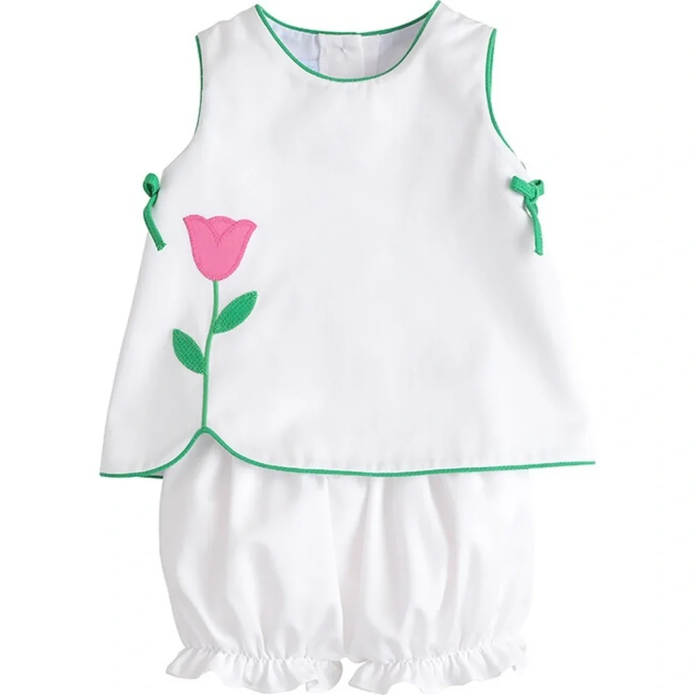Little English White Two-Piece Set with Pink Tulip and Green Trim